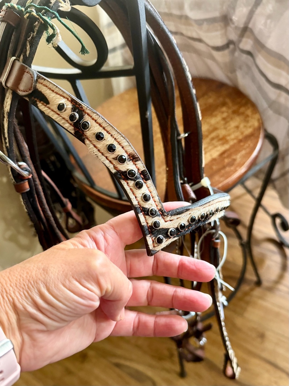Decorative Brown and Cream Studded Leather Home Accent